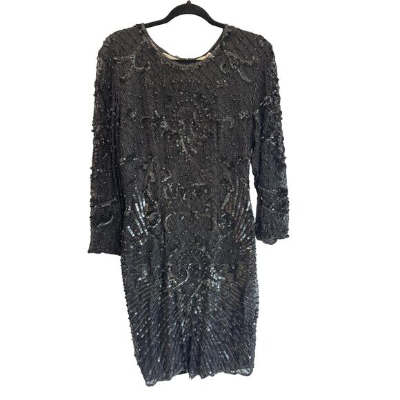 Vintage WELO Silk Beaded Sequin Dress Medium Black 80s 90s Cocktail Party retro - Picture 1 of 10